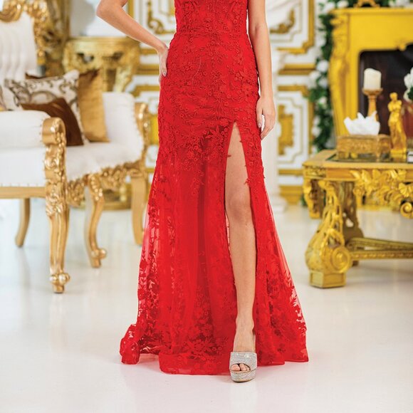New Red Floral Lace Embellished Long Sheath Festive Gown w/ Leg Slit DQ 4501 - Picture 9 of 9